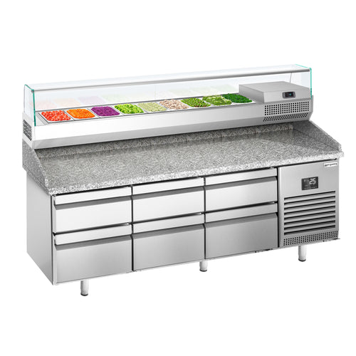 Pizzakylmäpöytä PREMIUM PLUS - 1980x700 mm - 6 vetolaatikkoa - sis. kylmävitriini - 9 x GN 1/4 -astiaa