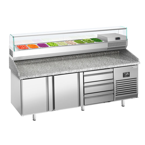 Pizzakylmäpöytä PREMIUM PLUS - 1980x700 mm - 2 ovea & 3 vetolaatikkoa - sis. kylmävitriini lasisuojuksella - 9 GN 1/4 -astiaa