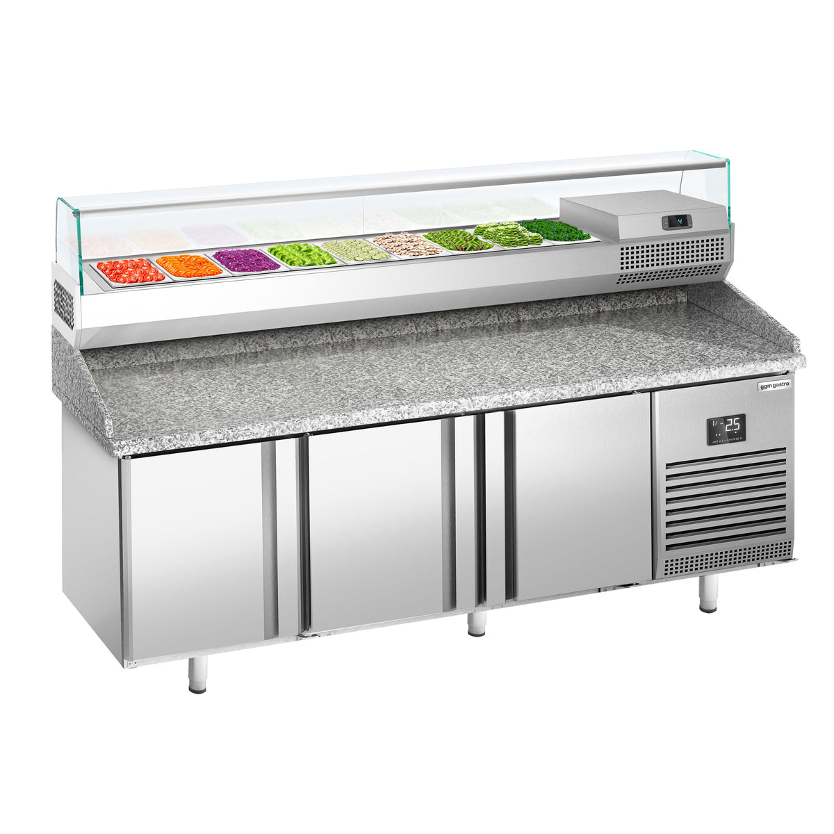 Pizzakylmäpöytä PREMIUM PLUS - 1980x700 mm - 3 ovea - sis. kylmävitriini - 9 x GN 1/4 -astiaa