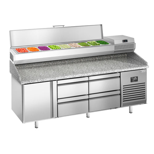 Pizzakylmäpöytä PREMIUM PLUS - 1980x700 mm - 1 ovea & 4 vetolaatikkoa - sis. kylmävitriini - 9 GN 1/4 -astiaa