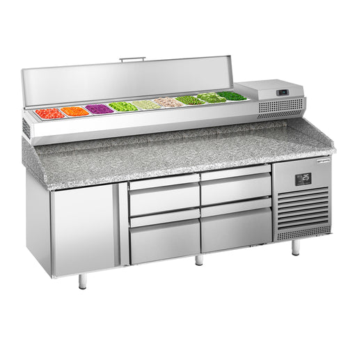 Pizzakylmäpöytä PREMIUM PLUS - 1980x700 mm - 1 ovea & 4 vetolaatikkoa - sis. kylmävitriini - 9 GN 1/4 -astiaa