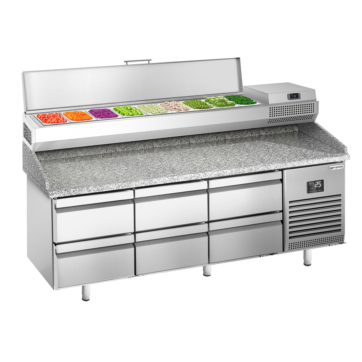 Commercial Pizza Prep Counter - Granite Top PREMIUM PLUS - 1980x700mm - with  6 dough drawers - incl. refrigerated topping unit - 9x GN 1/4