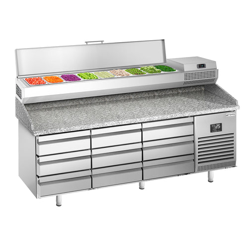 Pizzakylmäpöytä PREMIUM PLUS - 1980x700 mm - 9 vetolaatikkoa - sis. kylmävitriini - 9 GN 1/4 -astiaa