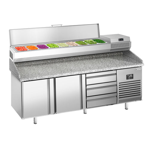 Pizzakylmäpöytä PREMIUM PLUS - 1980x700 mm - 2 ovea & 3 vetolaatikkoa - sis. kylmävitriini - 10 GN 1/4 -astiaa