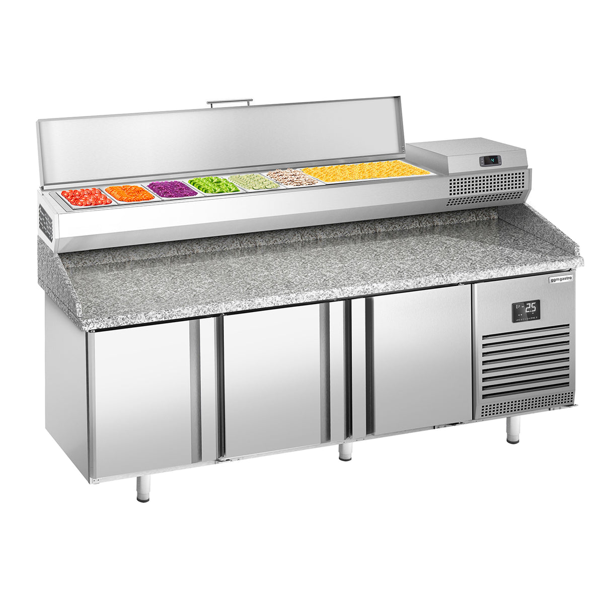 Pizzakylmäpöytä PREMIUM PLUS - 1980x700 mm - 3 ovea - sis. kylmävitriini - 9 x GN 1/4 -astiaa