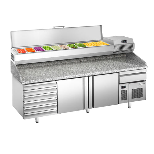 Pizzakylmäpöytä PREMIUM PLUS - 2305x800 mm - 2 ovea & 6 vetolaatikkoa - sis. kylmävitriini - 10 x GN 1/3 -astiaa