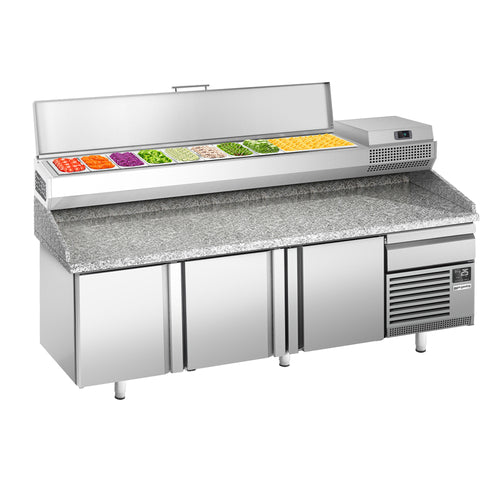 Pizzakylmäpöytä PREMIUM PLUS - 2305x800 mm - 3 ovea - sis. kylmävitriini - 10 GN 1/3 -astiaa