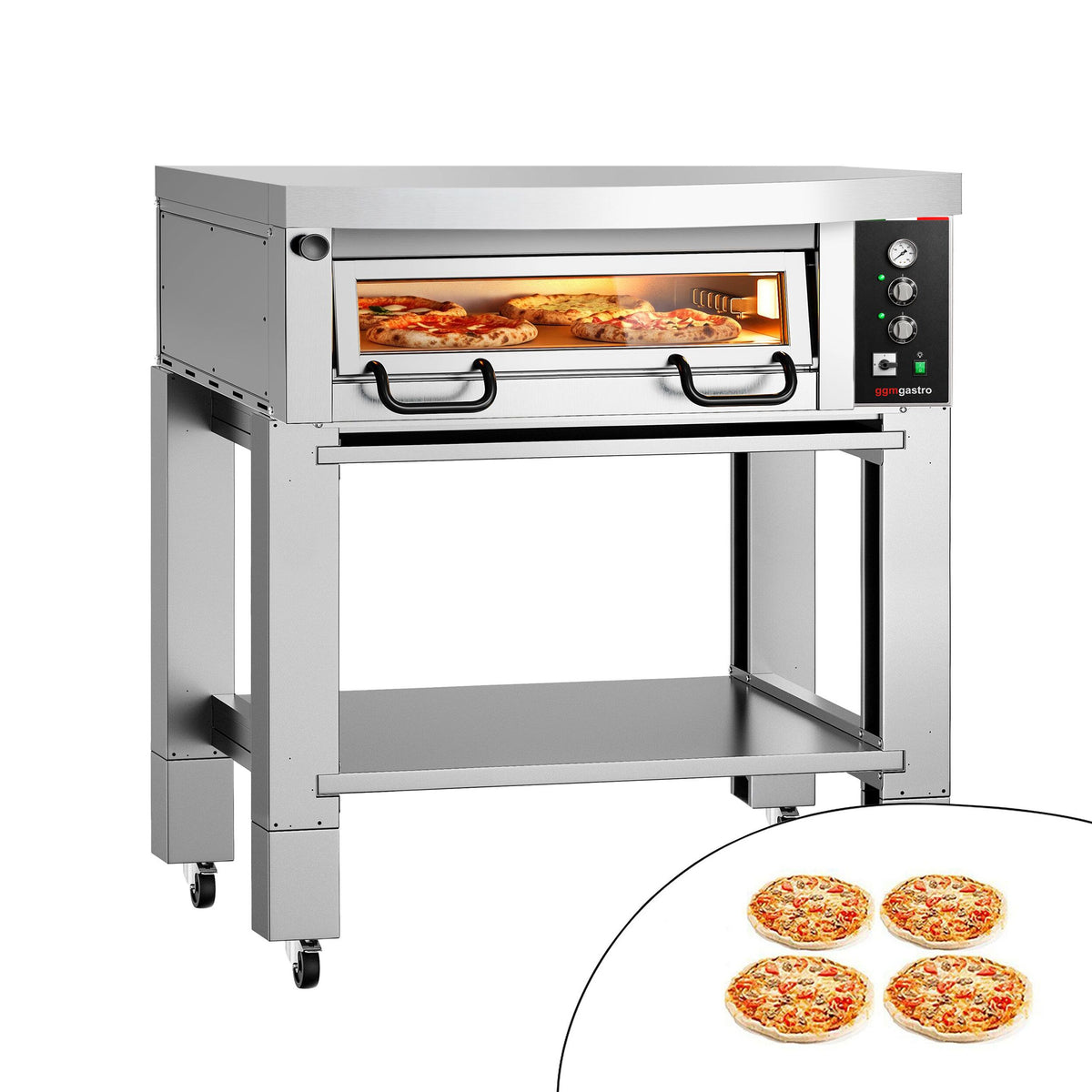Sähköinen pizzauuni Power   (samottikivipohja) - 1130x1010 mm - 4 x Ø 34 cm - enintään 450 °C - Manuaalinen - sis. haube ja alarunko