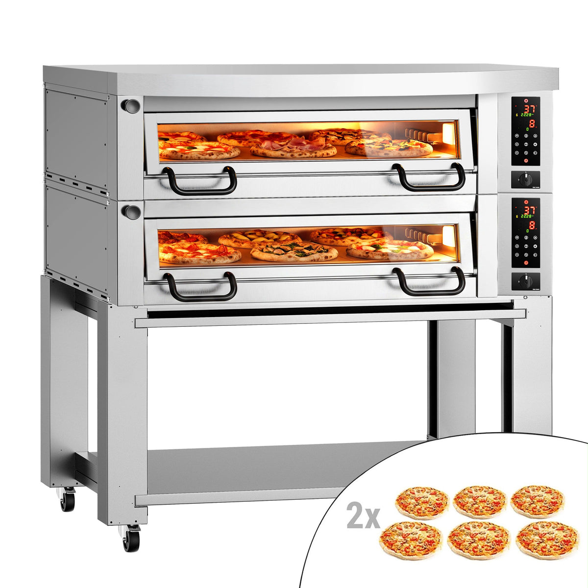 Sähköinen pizzauuni Power (samottikivipohja) - 6+6 x Ø 34 cm - enintään 450 °C - Digitaalinen - sis. huppu, alarunko ja pyörät