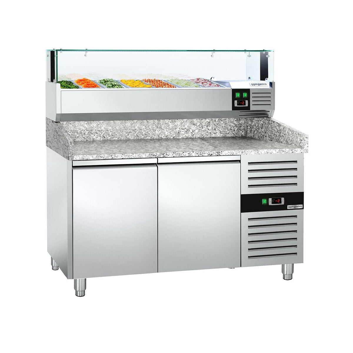 Pizzakylmäpöytä PREMIUM - 1500x800 mm - 2 ovea - sis. kylmävitriini lasisuojuksella LED-valaistuksella - 7 x GN 1/4 -astiaa
