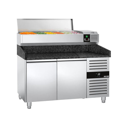 Pizzakylmäpöytä PREMIUM - 1500x800 mm - 2 ovea - sis. kylmävitriini - 7 x GN 1/4 -astiaa - 390 l