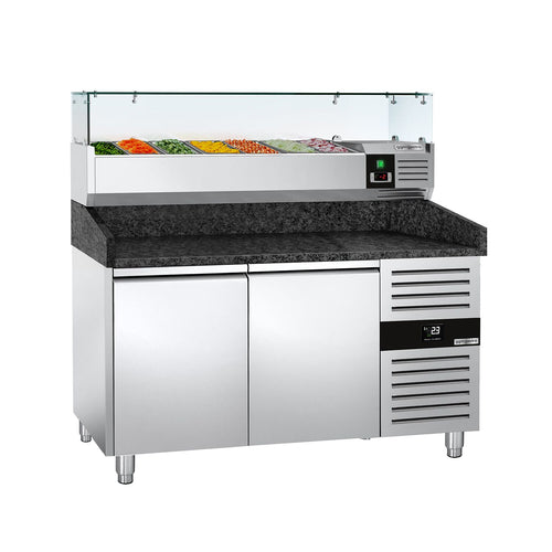 Pizzakylmäpöytä PREMIUM - 1500x800 mm - 2 ovea - sis. kylmävitriini lasisuojuksella - 6 x GN 1/3 -astiaa