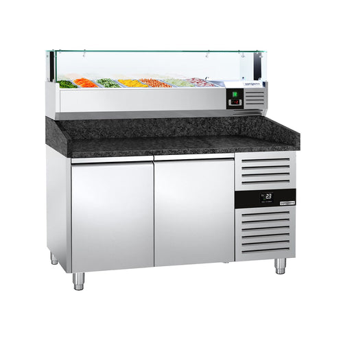 Pizzakylmäpöytä PREMIUM - 1500x800 mm - 2 ovea - sis. kylmävitriini lasisuojuksella LED-valaistuksella - 7 x GN 1/4 -astiaa