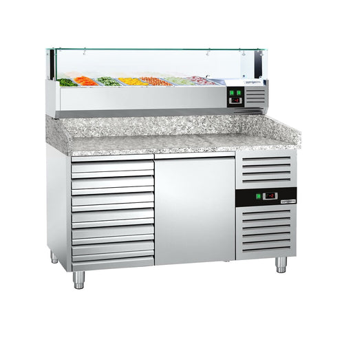 Pizzakylmäpöytä PREMIUM - 1500x800 mm - 1 ovi & 7 vetolaatikkoa - sis. kylmävitriini lasisuojuksella LED-valaistuksella - 7 GN 1/4 -astiaa