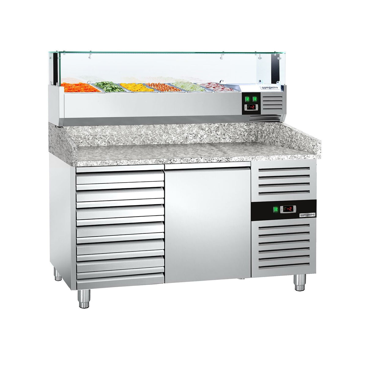 Pizzakylmäpöytä PREMIUM - 1500x800 mm - 1 ovea & 7 vetolaatikkoa - sis. kylmävitriini lasisuojuksella LED-valaistuksella - 5 x GN 1/3 + 1 x GN 1/2