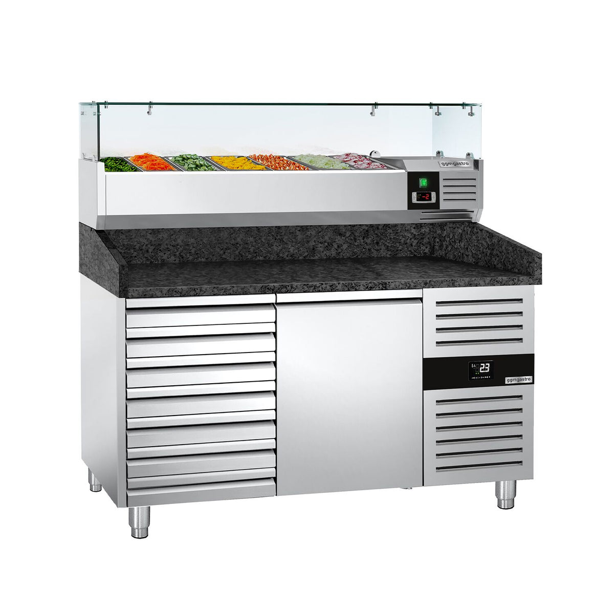 Pizzakylmäpöytä PREMIUM - 1500x800 mm - 1 ovea & 7 vetolaatikkoa - sis. kylmävitriini lasisuojuksella - 7 GN 1/4 -astiaa