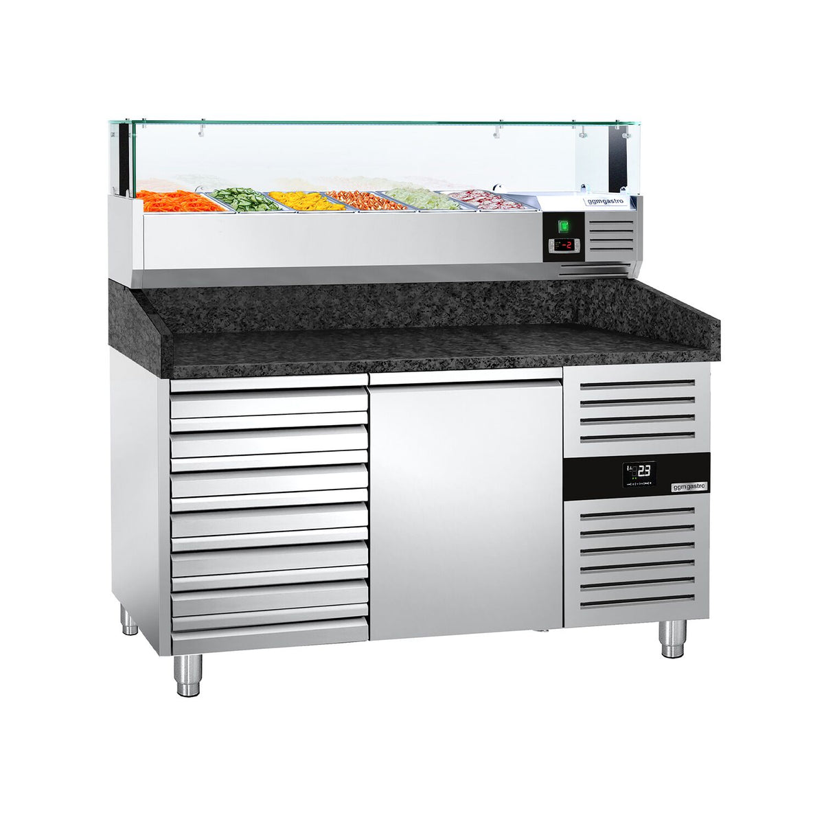 Pizzakylmäpöytä PREMIUM - 1500x800 mm - 1 ovi & 7 vetolaatikkoa - sis. kylmävitriini lasisuojuksella LED-valaistuksella - 6 x GN 1/3 -astiaa