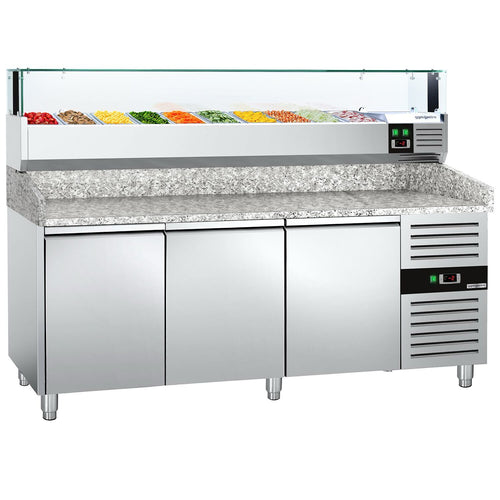 Pizzakylmäpöytä PREMIUM - 2000x800 mm - 3 ovea - sis. kylmävitriini LED-valaistuksella - 10 GN 1/4 -astiaa