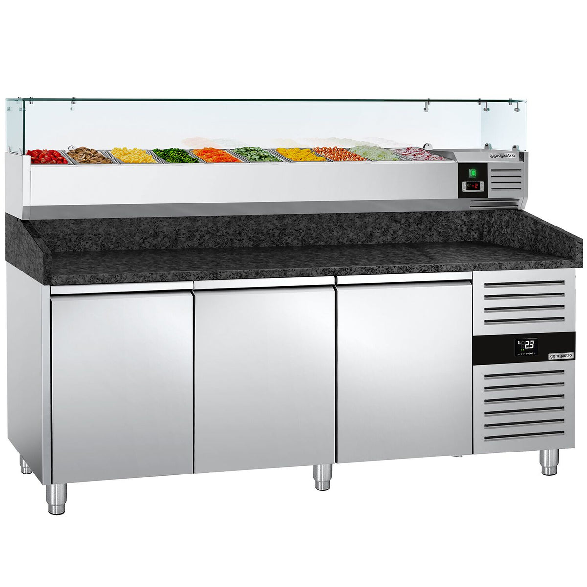 Pizzakylmäpöytä PREMIUM - 2000x800 mm - 3 ovea - sis. kylmävitriini lasisuojuksella - 10 GN 1/4 -astiaa