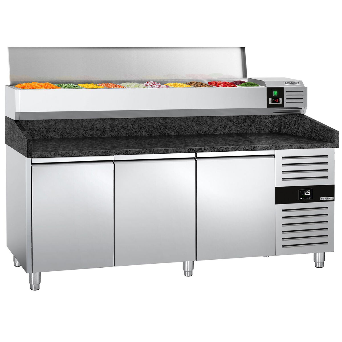 Pizzakylmäpöytä PREMIUM - 2000x800 mm - 3 ovea - sis. kylmävitriini - 9 x GN 1/3 -astiaa