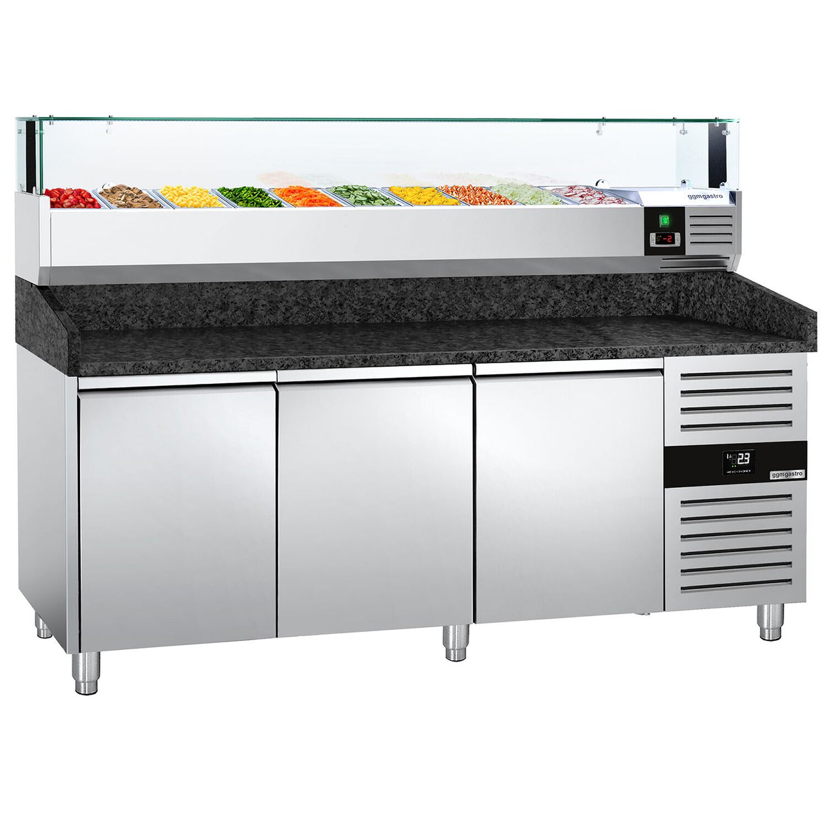 Pizzakylmäpöytä PREMIUM - 2000x800 mm - 3 ovea - sis. kylmävitriini lasisuojuksella LED-valaistuksella - 10 GN 1/4 -astiaa