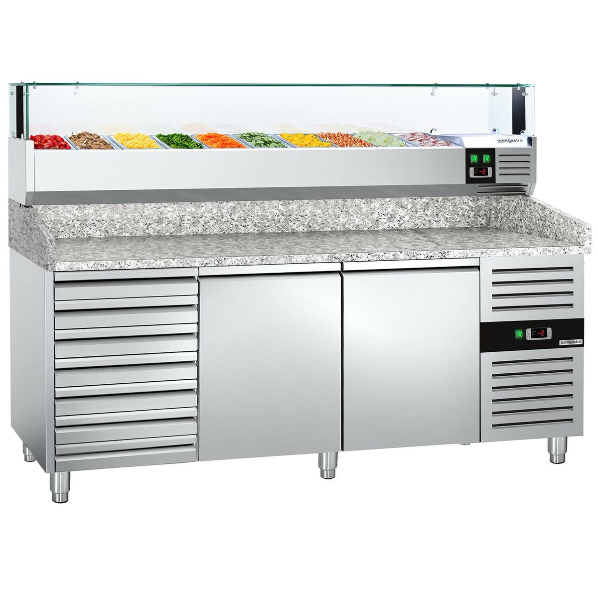 Pizzakylmäpöytä PREMIUM - 2025x800 mm - 2 ovea & 7 vetolaatikkoa - sis. kylmävitriini lasisuojuksella LED-valaistuksella - 10 GN 1/4 -astiaa