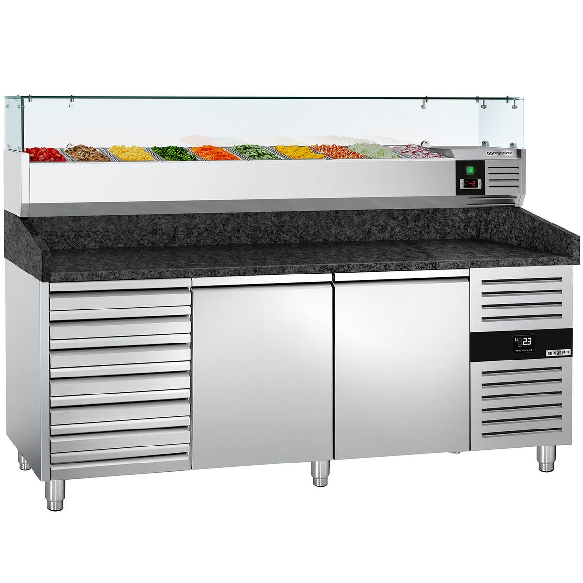 Pizzakylmäpöytä PREMIUM - 2025x800 mm - 2 ovea & 7 vetolaatikkoa - sis. kylmävitriini lasisuojuksella - 10 GN 1/4 -astiaa