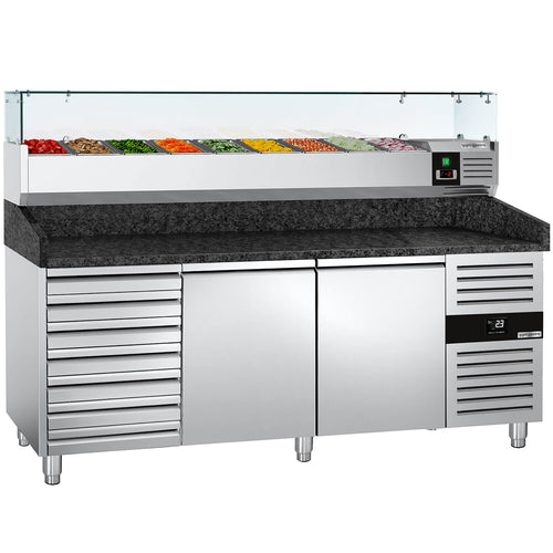 Pizzakylmäpöytä PREMIUM - 2025x800 mm - 2 ovea & 7 vetolaatikkoa - sis. kylmävitriini lasisuojuksella - 9 GN 1/3 -astiaa