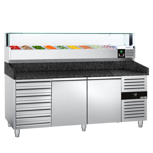 Pizzakylmäpöytä PREMIUM - 2025x800 mm - 2 ovea & 7 vetolaatikkoa - sis. kylmävitriini lasisuojuksella LED-valaistuksella - 9 x GN 1/3 -astiaa