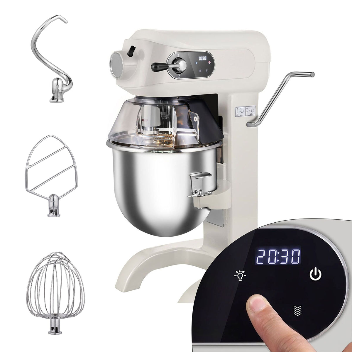 Commercial Floor Standing Planetary Mixer - Digital - 20L - 1,1kW - with display, lighting & 3 attachments - Light Ivory