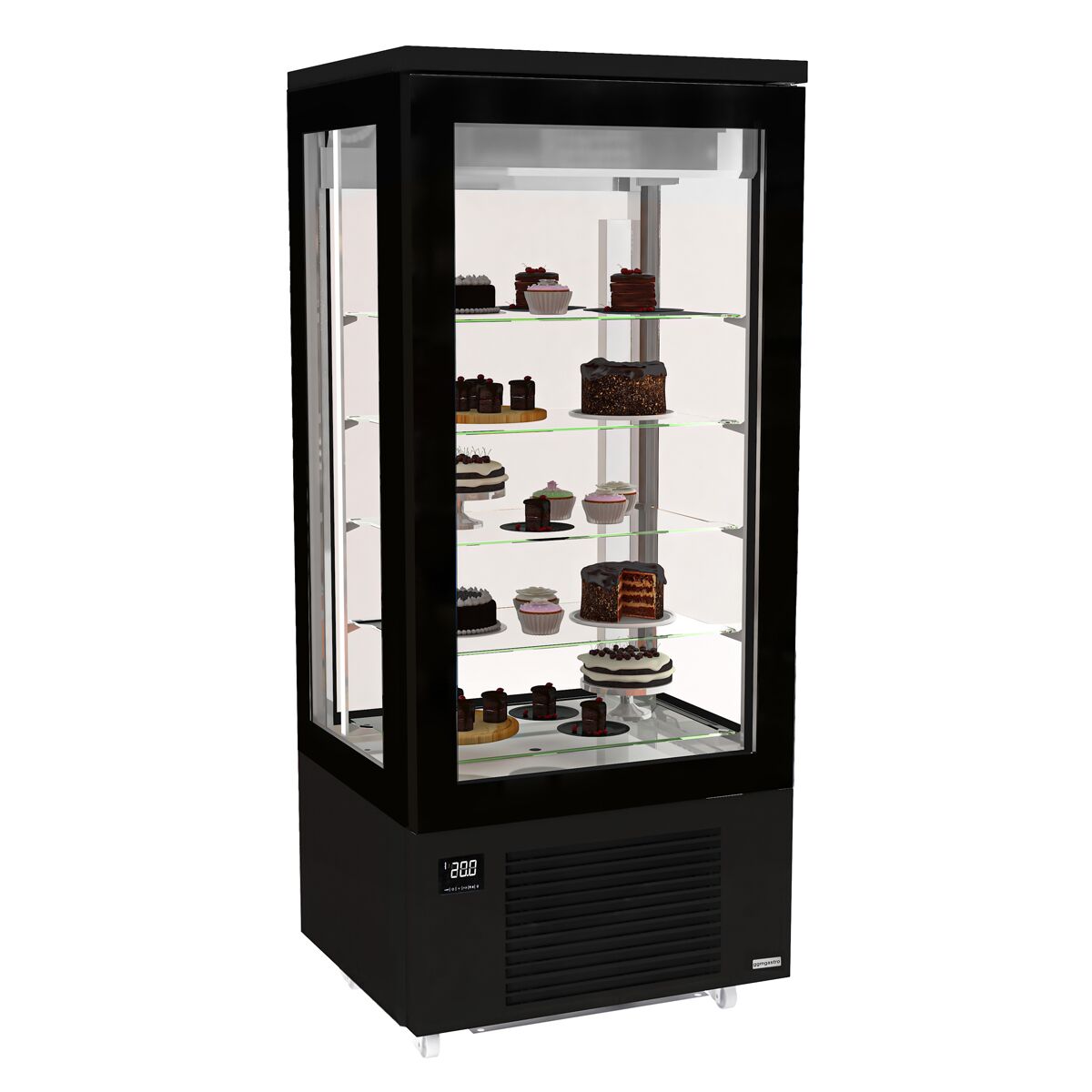 4-sivuinen kylmävitriini / Panoramakylmävitriini - 400 l - 800 mm - kaksinkertainen lasi - 1 lasiovi - 4 hyllyä - LED-valaistus - musta