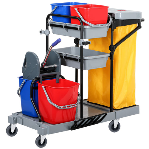 Janitorial Cleaning Trolley - Open - with 4 Containers, Mop Wringer & Laundry Bag- Grey