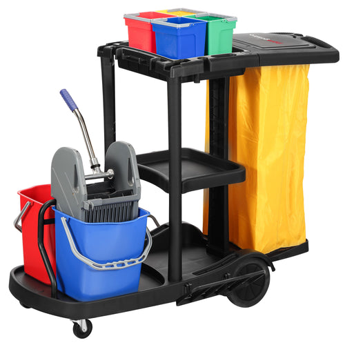Janitorial Cleaning Trolley - Open - with 6 Containers, Mop Wringer & Laundry Bag - Black
