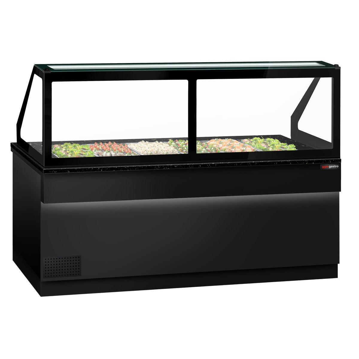 Commercial Saladette Counter TORONTO - 2550mm - Black Front - 4 doors - with square glass canopy for 6 x GN 1/1 & 1 shelf - black granite worktop