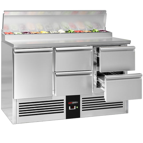 Salaattipöytä PREMIUM - 1368x700 mm - 1 ovi & 4 vetolaatikkoa - varten 8x GN 1/6 astiaa