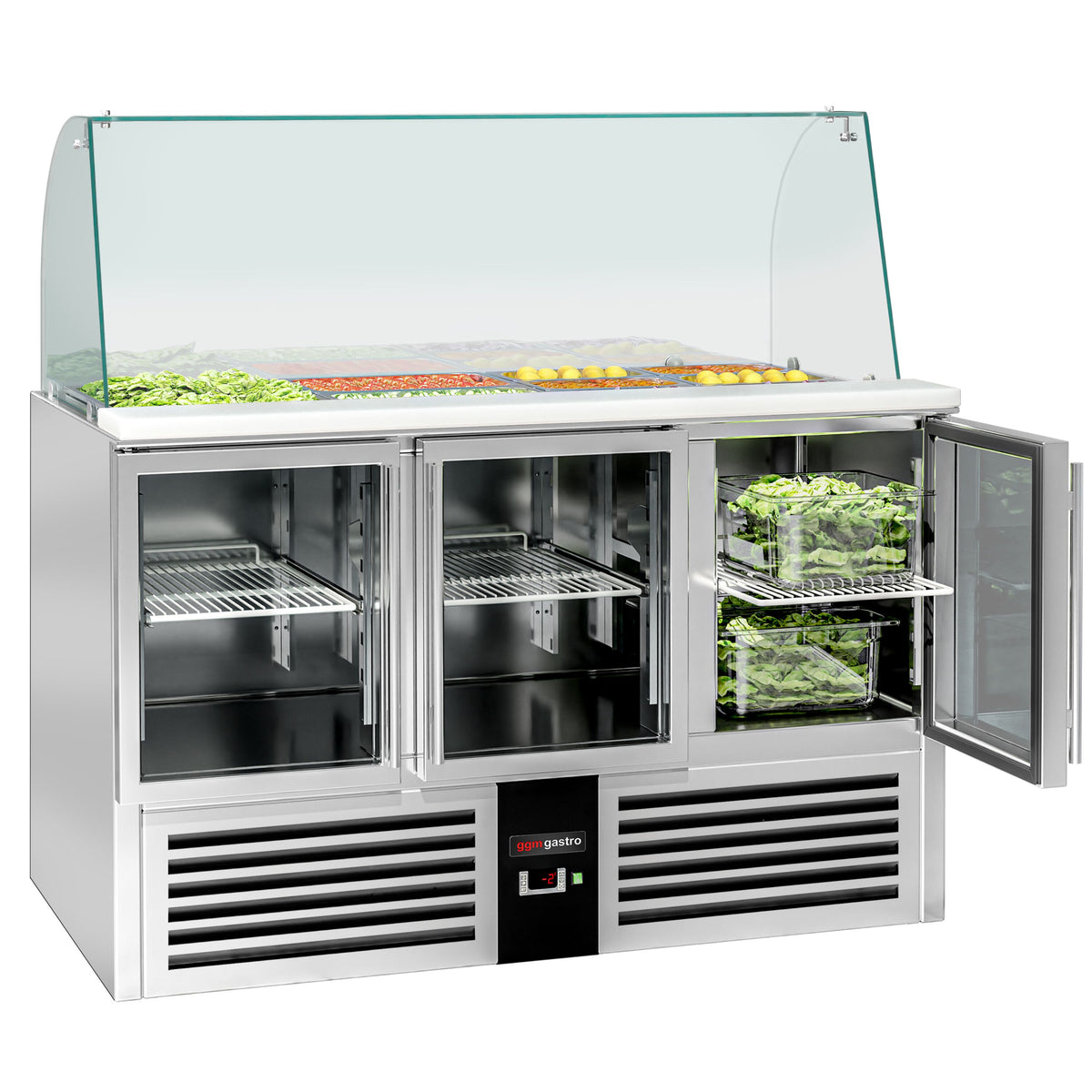Commercial Saladette Counter PREMIUM - 1368mm - 288L - 3 glass doors - with glass canopy for 4 x GN 1/1