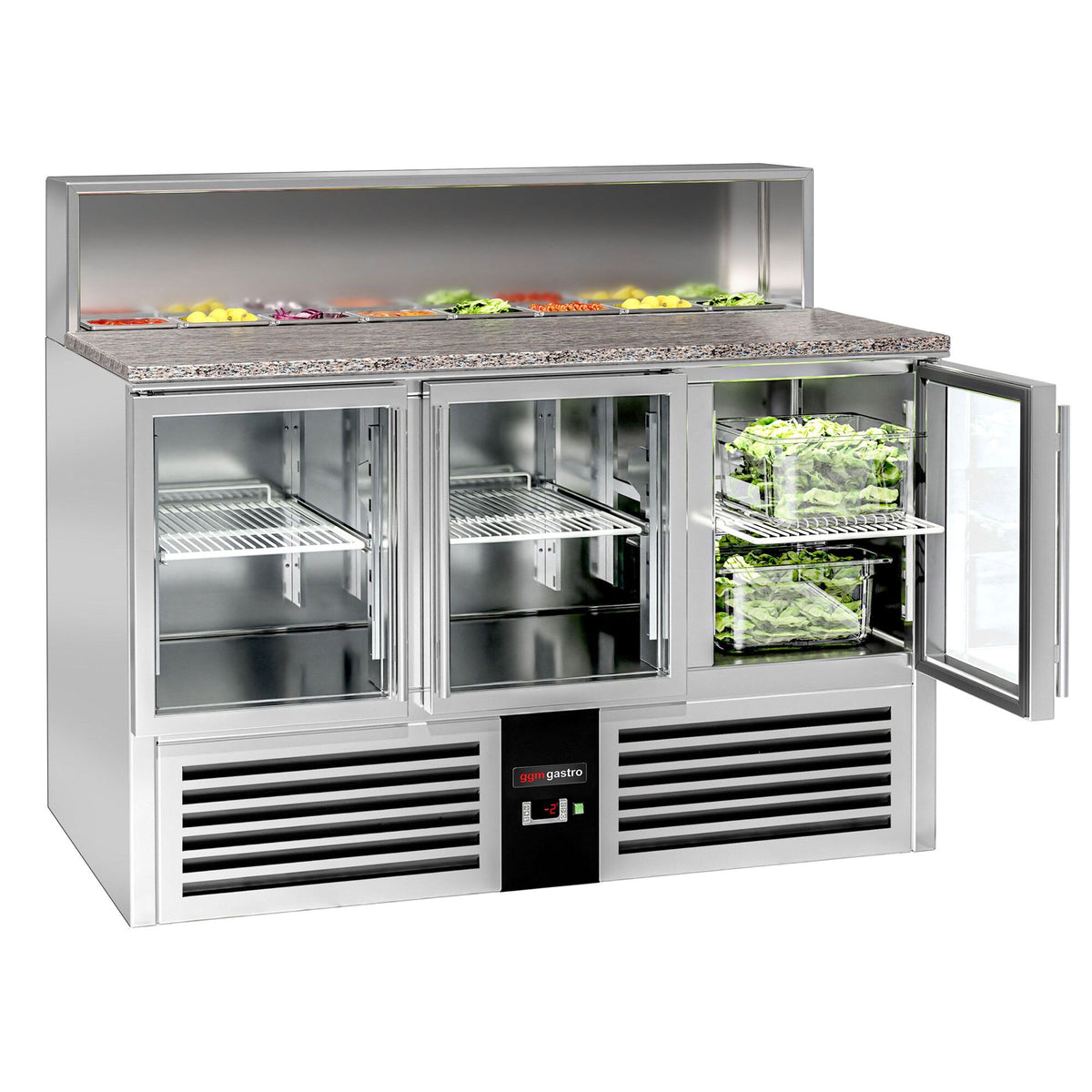 Commercial Saladette Counter PREMIUM - 1368mm - 402L - Black Front - 3 glass doors - open top for 7 x GN 1/6 - black granite worktop