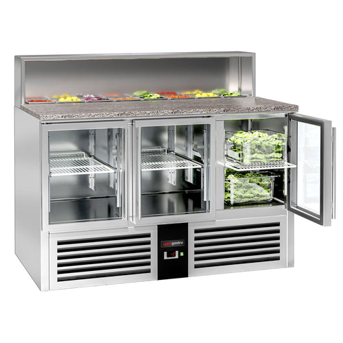 Salaattipöytä PREMIUM - 1 368 mm - 402 l - musta etupaneeli - 3 lasiovea - upotus 7x GN 1/6 varten & ruostumattomasta teräksestä kansi - Markkina: FI
