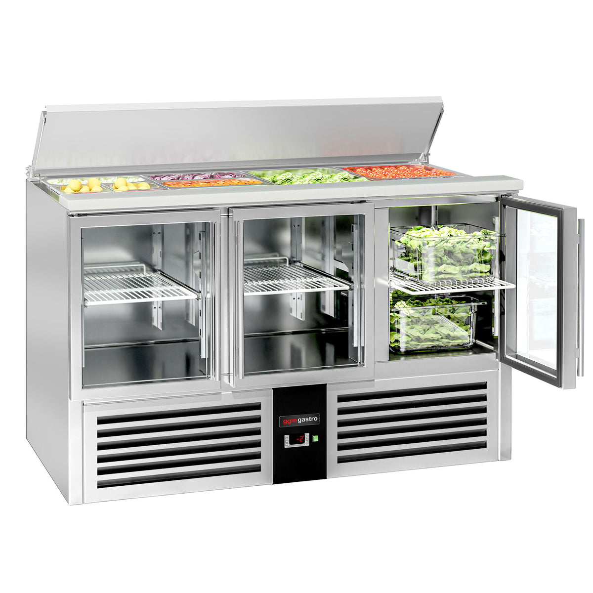Salaattipöytä PREMIUM - 1 368 mm - 368 l - 3 lasiovea - upotus 4x GN 1/1 varten & ruostumattomasta teräksestä kansi - Markkina: FI