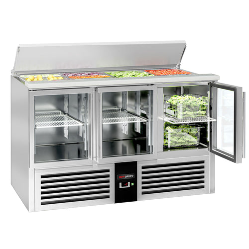 Salaattipöytä PREMIUM - 1 368 mm - 368 l - 3 lasiovea - upotus 4x GN 1/1 varten & ruostumattomasta teräksestä kansi - Markkina: FI
