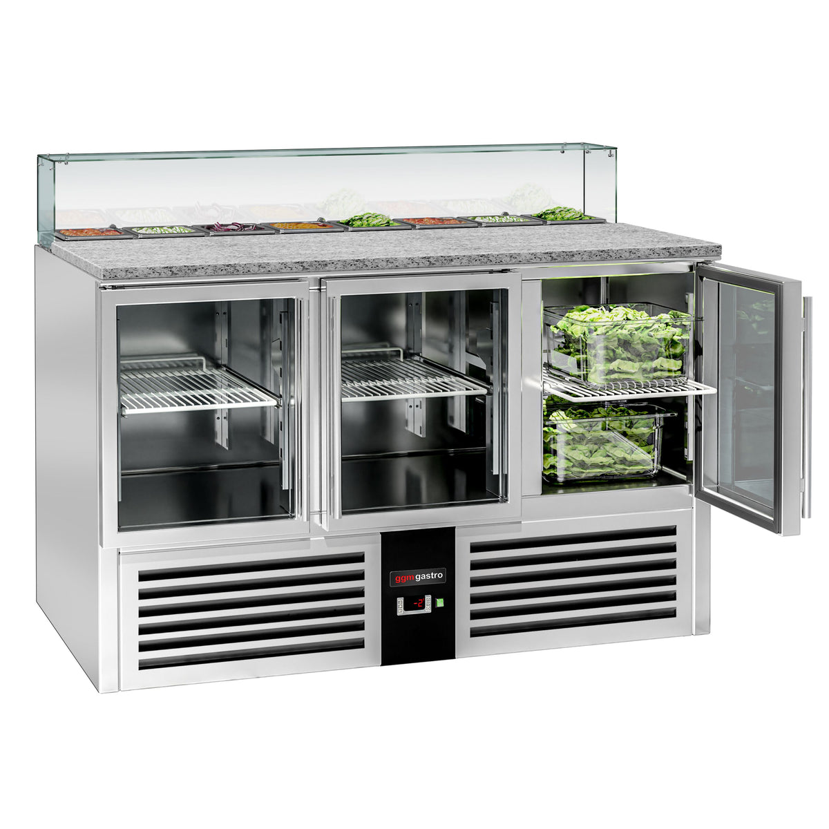 Commercial Saladette Counter PREMIUM - 1368mm - 368L - 3 glass doors - with square glass canopy for 8 x GN 1/6