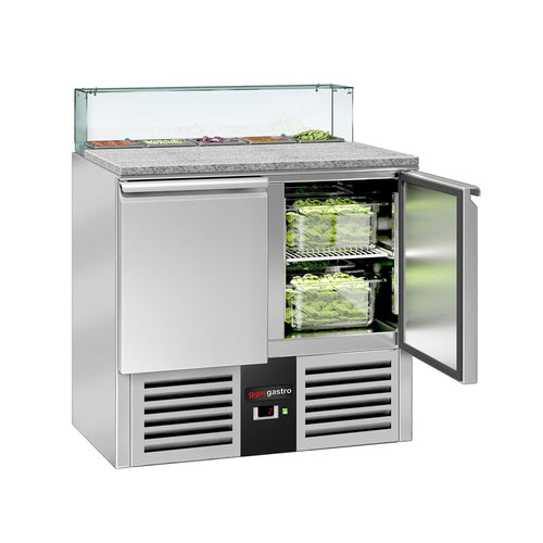 Salaattipöytä PREMIUM - 900 mm - 240 l - 2 ovea - kulmikas lasisuoja 5x GN 1/6 varten