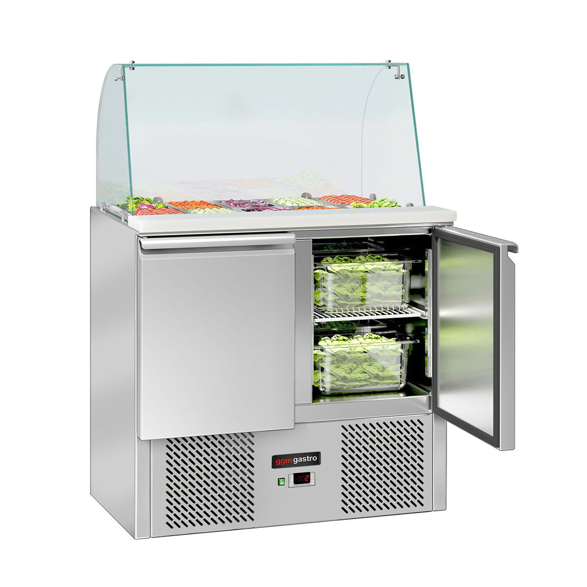 Salaattipöytä ECO - 900 mm - 240 l - 2 ovea - korkea lasisuoja 2x GN 1/1 & 3x GN 1/6 varten