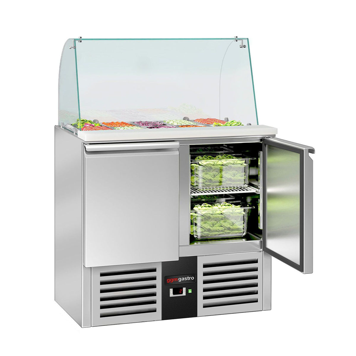Commercial Saladette Counter PREMIUM - 900mm - 240L - 2 doors - with glass canopy for 2 x GN 1/1 & 3 x GN 1/6