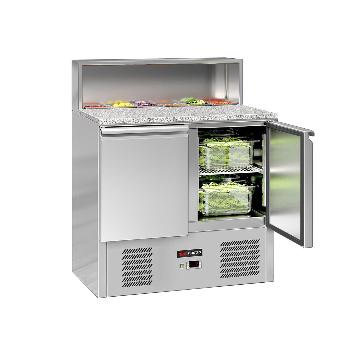 Salaattipöytä ECO - 903 mm - 240 l - musta etupaneeli - 2 ovea - upotus 5x GN 1/6 & ruostumattomasta teräksestä kansi