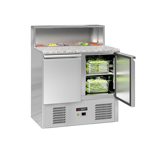 Salaattipöytä ECO - 903 mm - 240 l - musta etupaneeli - 2 ovea - upotus 5x GN 1/6 & ruostumattomasta teräksestä kansi