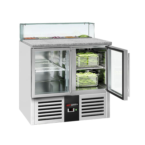 Salaattipöytä PREMIUM - 900 mm - 240 l - 2 lasiovea - kulmikas lasisuoja 5x GN 1/6 varten