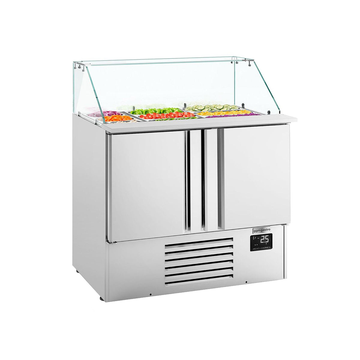 Salaattipöytä PREMIUM PLUS - 978 mm - 230 l - 2 ovea - kulmikas lasisuoja 6x GN 1/3 & 3x GN 1/6 varten