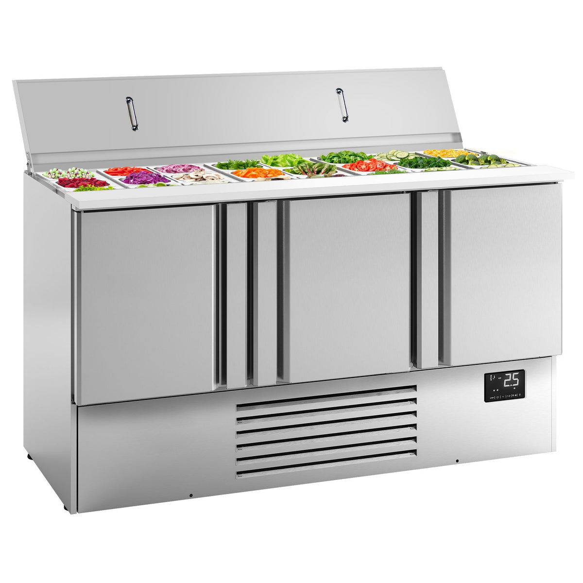 Salaattipöytä PREMIUM PLUS - 1 460 mm - 335 l - 3 ovea - upotus 9x GN 1/3 & 6x GN 1/6 varten & ruostumattomasta teräksestä kansi