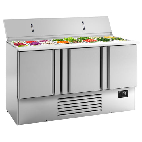 Salaattipöytä PREMIUM PLUS - 1 460 mm - 335 l - 3 ovea - upotus 9x GN 1/3 & 6x GN 1/6 varten & ruostumattomasta teräksestä kansi